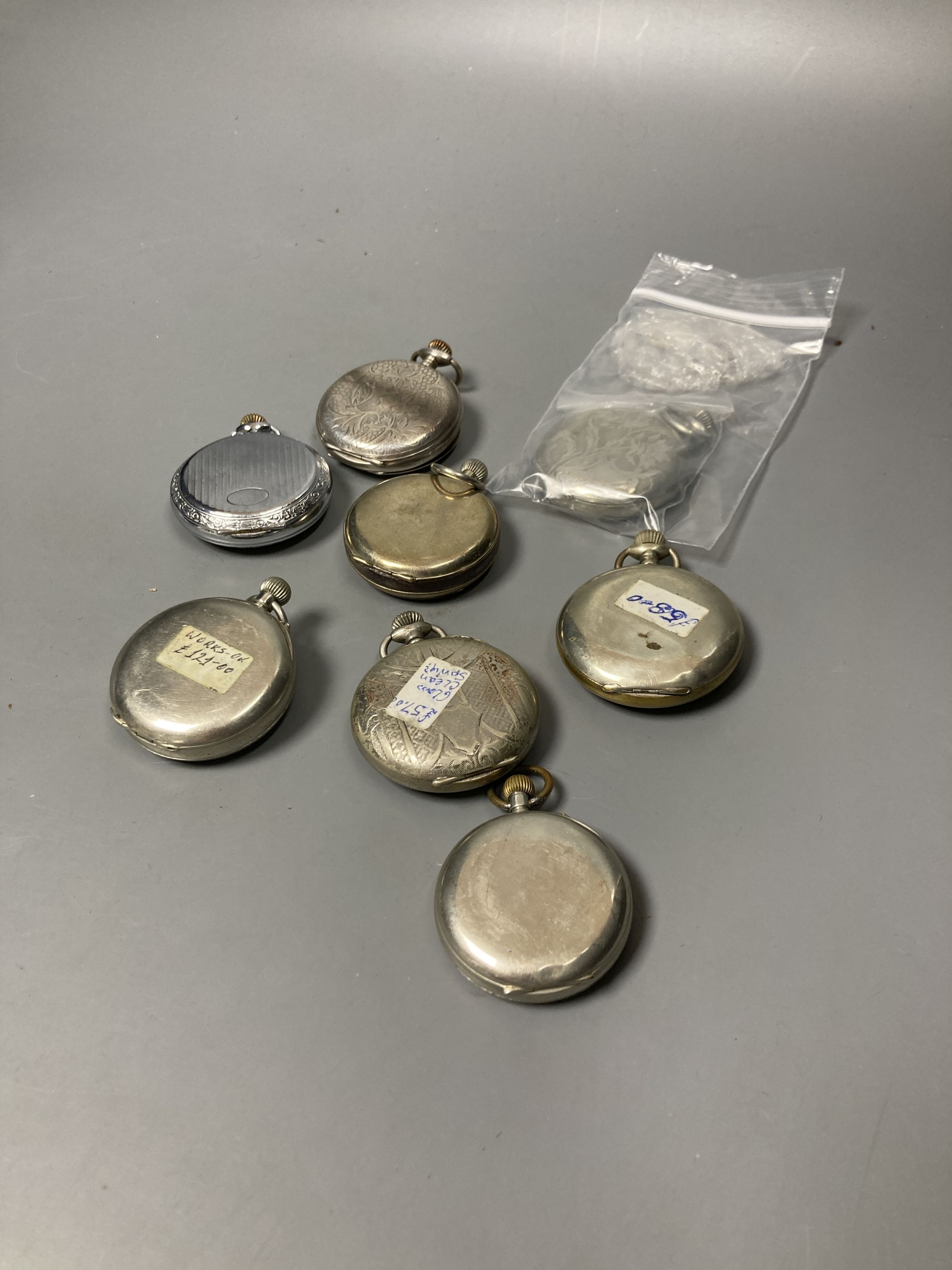 Five assorted base metal Hebdomas pocket watches and one 800 standard Hebdomas watch and two other Hebdomas style pocket watches (mostly a.f.)